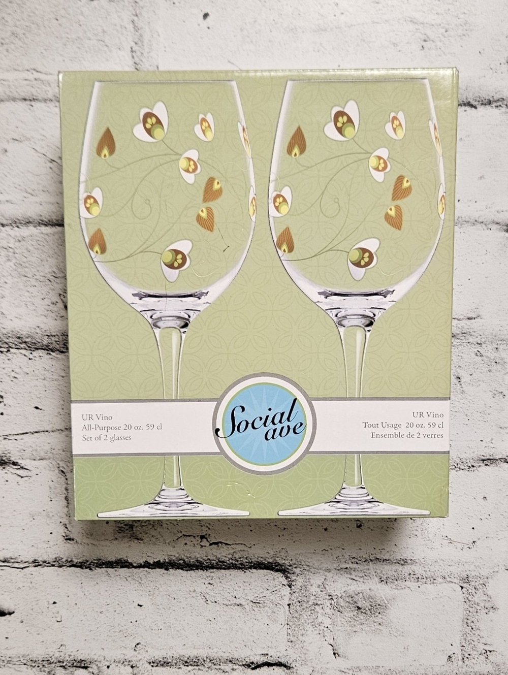 Social Ave Floral Wine Glass Set of 2 20oz Stemware NIB Gift